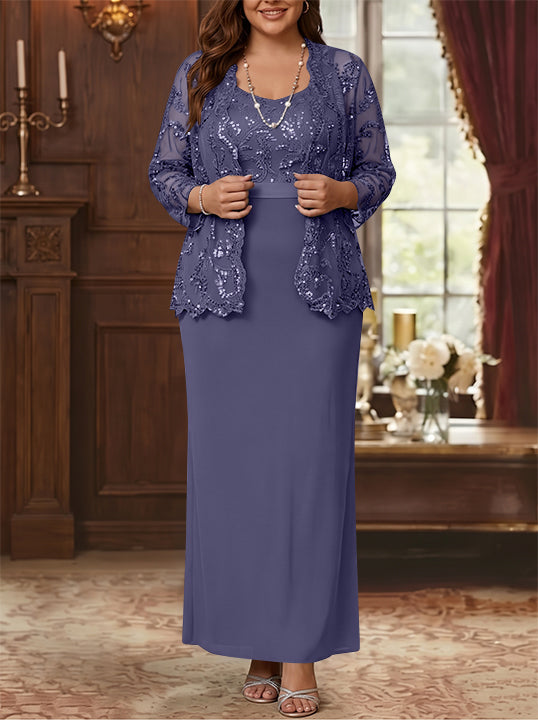 Sheath/Column Scoop Chiffon Plus Size Mother of the Bride Dresses with Jacket Lace Ankle-Length Long Sleeves