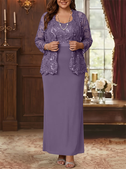 Sheath/Column Scoop Chiffon Plus Size Mother of the Bride Dresses with Jacket Lace Ankle-Length Long Sleeves