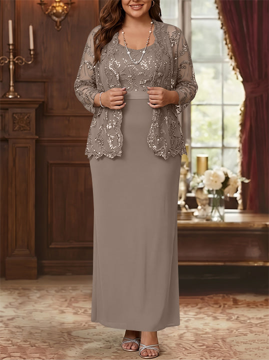 Sheath/Column Scoop Chiffon Plus Size Mother of the Bride Dresses with Jacket Lace Ankle-Length Long Sleeves