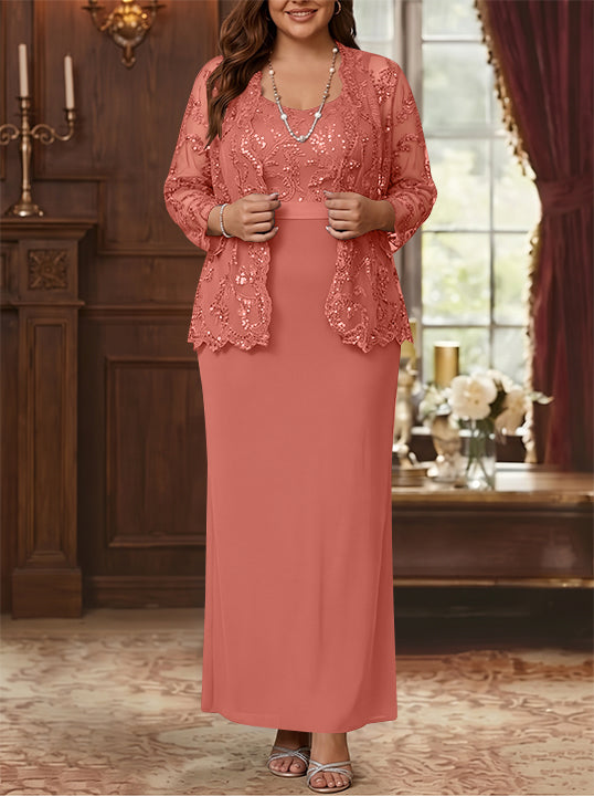 Sheath/Column Scoop Chiffon Plus Size Mother of the Bride Dresses with Jacket Lace Ankle-Length Long Sleeves