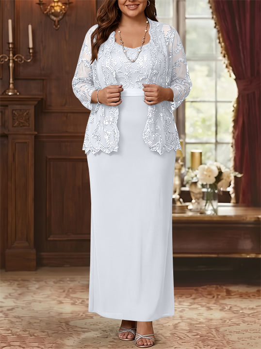 Sheath/Column Scoop Chiffon Plus Size Mother of the Bride Dresses with Jacket Lace Ankle-Length Long Sleeves