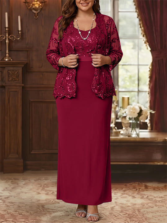 Sheath/Column Scoop Chiffon Plus Size Mother of the Bride Dresses with Jacket Lace Ankle-Length Long Sleeves