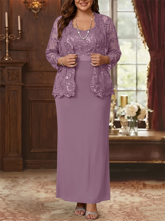 Sheath/Column Scoop Chiffon Plus Size Mother of the Bride Dresses with Jacket Lace Ankle-Length Long Sleeves