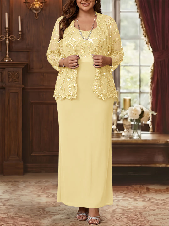 Sheath/Column Scoop Chiffon Plus Size Mother of the Bride Dresses with Jacket Lace Ankle-Length Long Sleeves