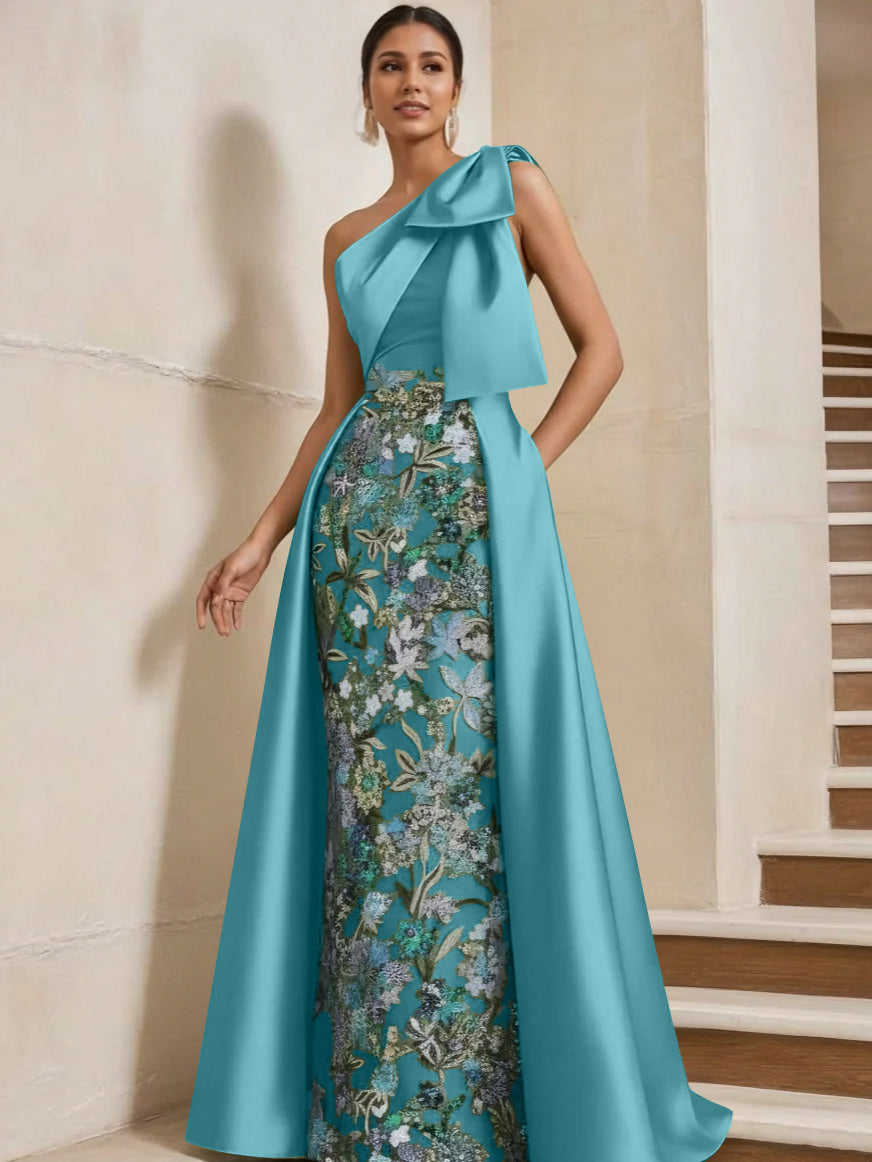 Sheath/Column One-Shoulder Satin Mother of the Bride Dresses with Overskirt Sleeveless Floor-Length Bow