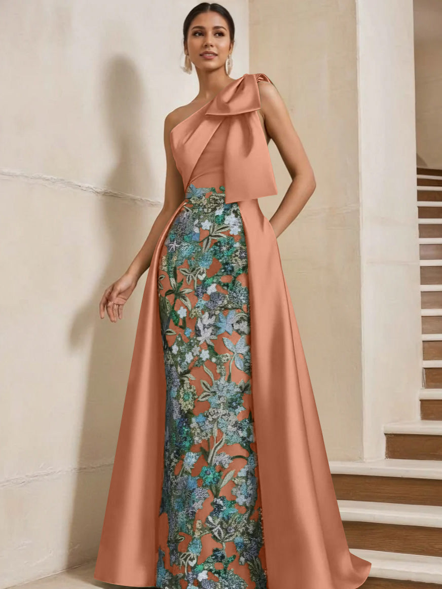 Sheath/Column One-Shoulder Satin Mother of the Bride Dresses with Overskirt Sleeveless Floor-Length Bow