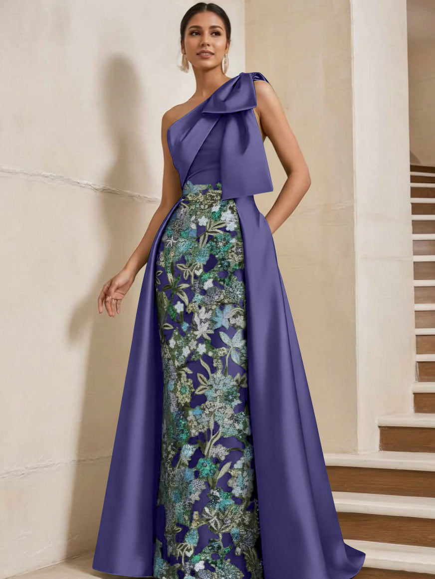 Sheath/Column One-Shoulder Satin Mother of the Bride Dresses with Overskirt Sleeveless Floor-Length Bow