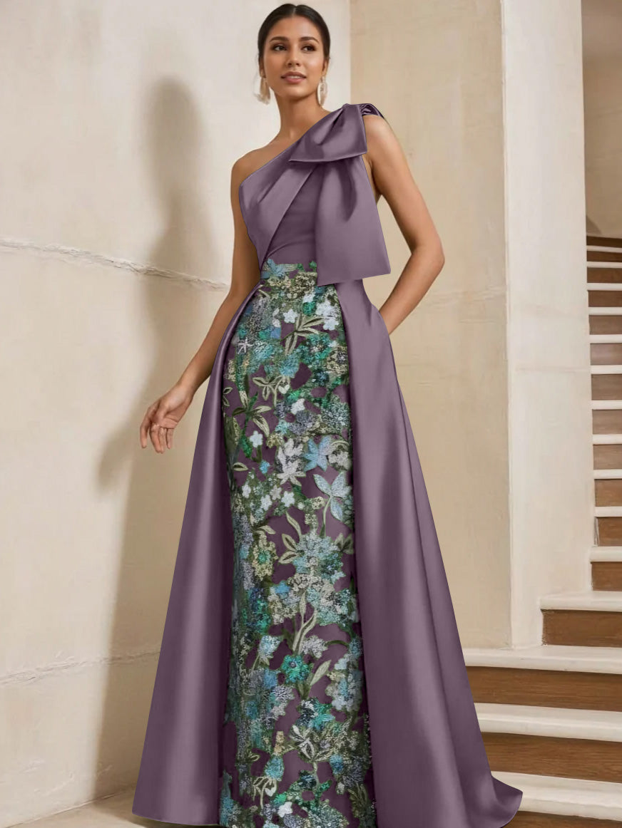 Sheath/Column One-Shoulder Satin Mother of the Bride Dresses with Overskirt Sleeveless Floor-Length Bow