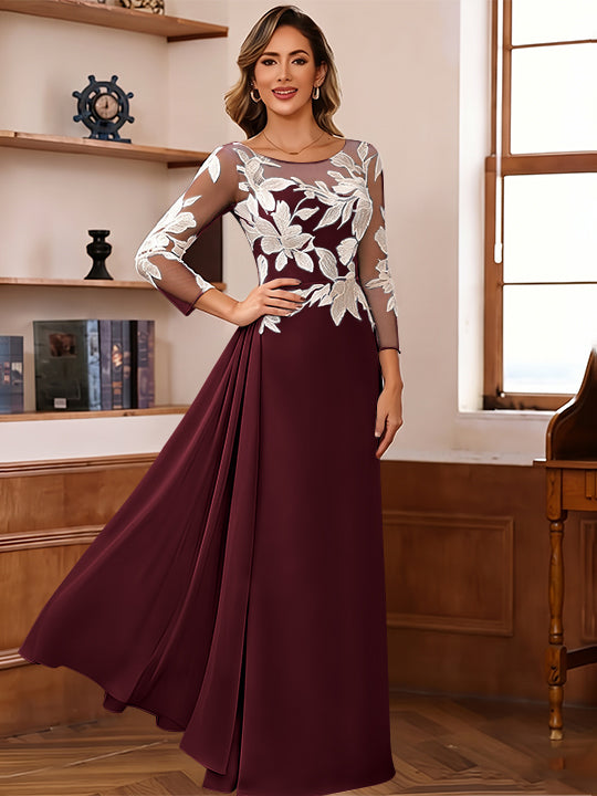 Sheath/Column Scoop Chiffon Mother of the Bride Dresses Ankle-Length 3/4 Sleeves Lace Flower with Overskirt