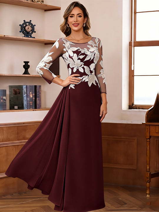 Sheath/Column Scoop Chiffon Mother of the Bride Dresses Ankle-Length 3/4 Sleeves Lace Flower with Overskirt