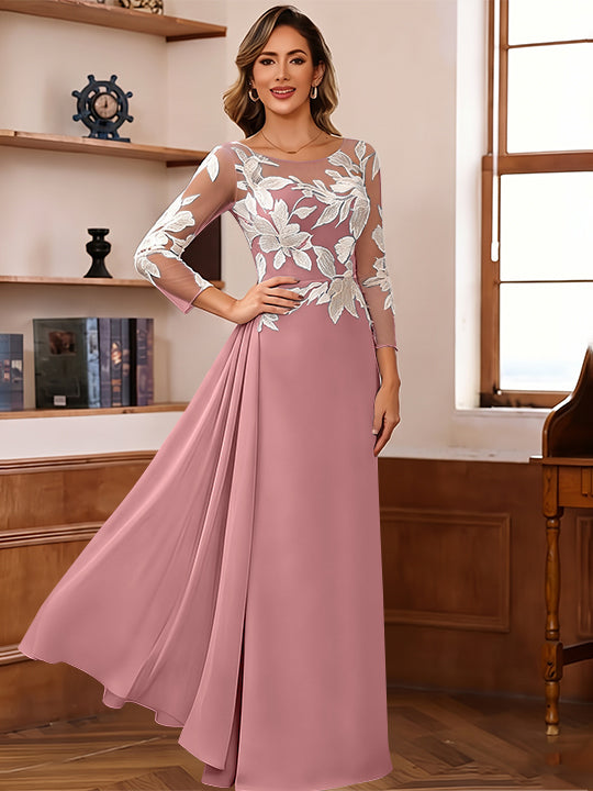 Sheath/Column Scoop Chiffon Mother of the Bride Dresses Ankle-Length 3/4 Sleeves Lace Flower with Overskirt