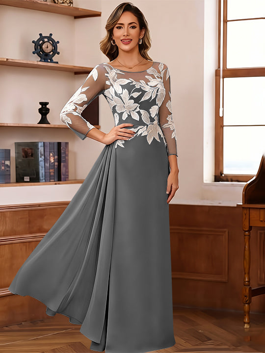 Sheath/Column Scoop Chiffon Mother of the Bride Dresses Ankle-Length 3/4 Sleeves Lace Flower with Overskirt