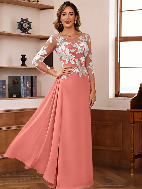 Sheath/Column Scoop Chiffon Mother of the Bride Dresses Ankle-Length 3/4 Sleeves Lace Flower with Overskirt
