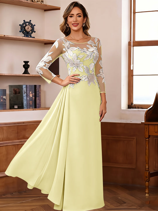 Sheath/Column Scoop Chiffon Mother of the Bride Dresses Ankle-Length 3/4 Sleeves Lace Flower with Overskirt