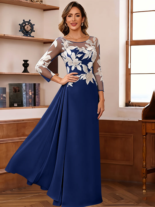 Sheath/Column Scoop Chiffon Mother of the Bride Dresses Ankle-Length 3/4 Sleeves Lace Flower with Overskirt