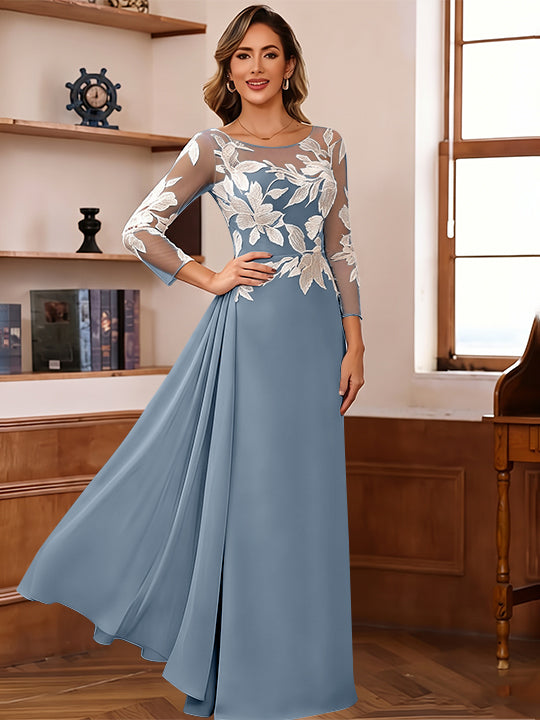 Sheath/Column Scoop Chiffon Mother of the Bride Dresses Ankle-Length 3/4 Sleeves Lace Flower with Overskirt