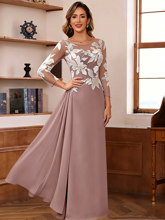 Sheath/Column Scoop Chiffon Mother of the Bride Dresses Ankle-Length 3/4 Sleeves Lace Flower with Overskirt