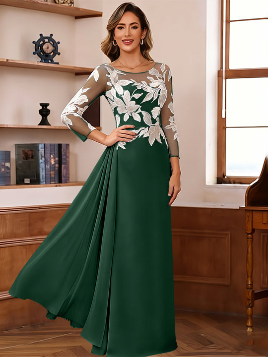 Sheath/Column Scoop Chiffon Mother of the Bride Dresses Ankle-Length 3/4 Sleeves Lace Flower with Overskirt