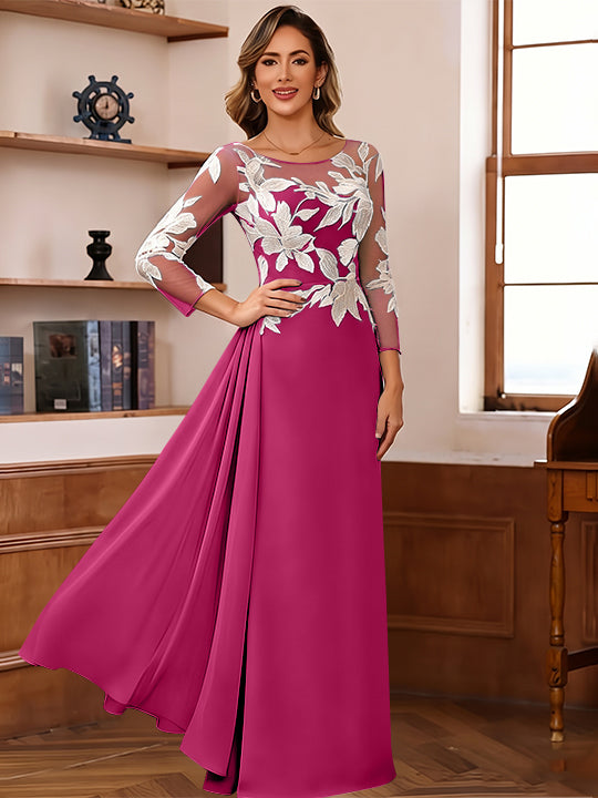 Sheath/Column Scoop Chiffon Mother of the Bride Dresses Ankle-Length 3/4 Sleeves Lace Flower with Overskirt