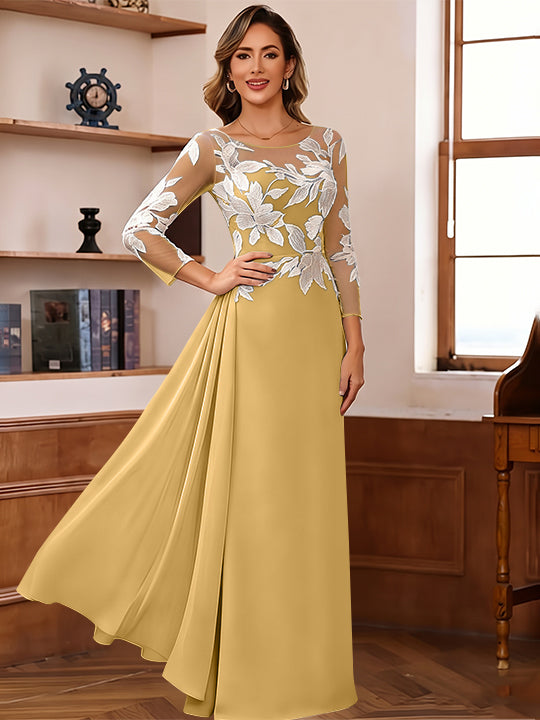 Sheath/Column Scoop Chiffon Mother of the Bride Dresses Ankle-Length 3/4 Sleeves Lace Flower with Overskirt