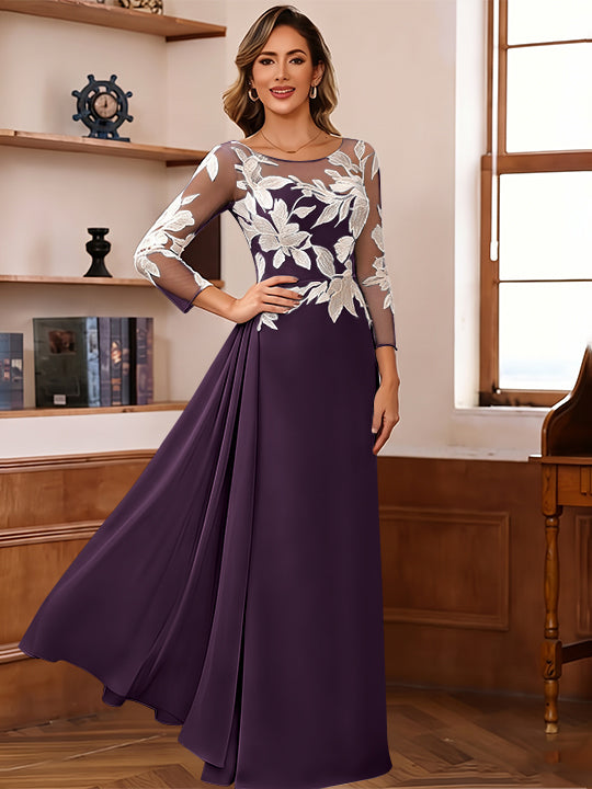 Sheath/Column Scoop Chiffon Mother of the Bride Dresses Ankle-Length 3/4 Sleeves Lace Flower with Overskirt