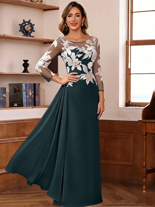 Sheath/Column Scoop Chiffon Mother of the Bride Dresses Ankle-Length 3/4 Sleeves Lace Flower with Overskirt