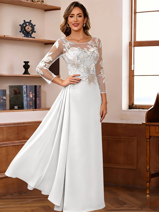 Sheath/Column Scoop Chiffon Mother of the Bride Dresses Ankle-Length 3/4 Sleeves Lace Flower with Overskirt