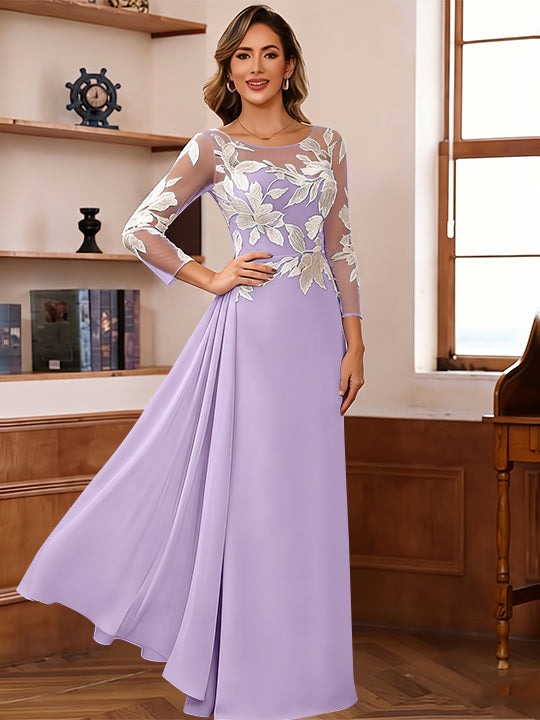 Sheath/Column Scoop Chiffon Mother of the Bride Dresses Ankle-Length 3/4 Sleeves Lace Flower with Overskirt