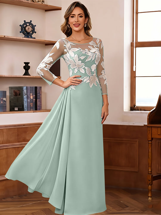 Sheath/Column Scoop Chiffon Mother of the Bride Dresses Ankle-Length 3/4 Sleeves Lace Flower with Overskirt