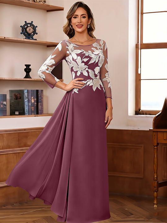 Sheath/Column Scoop Chiffon Mother of the Bride Dresses Ankle-Length 3/4 Sleeves Lace Flower with Overskirt