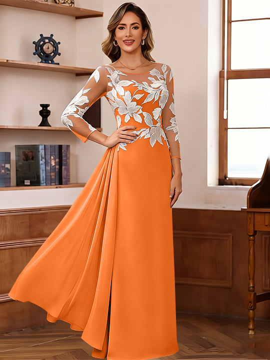 Sheath/Column Scoop Chiffon Mother of the Bride Dresses Ankle-Length 3/4 Sleeves Lace Flower with Overskirt