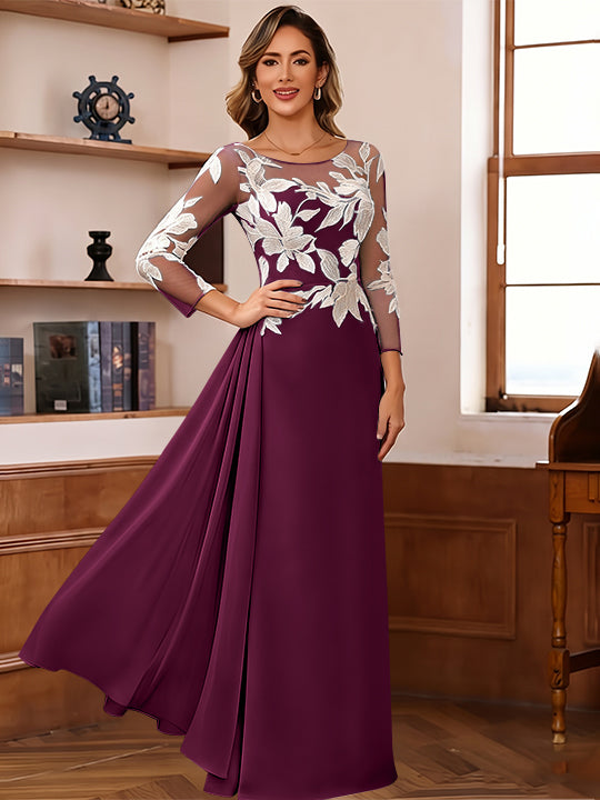 Sheath/Column Scoop Chiffon Mother of the Bride Dresses Ankle-Length 3/4 Sleeves Lace Flower with Overskirt
