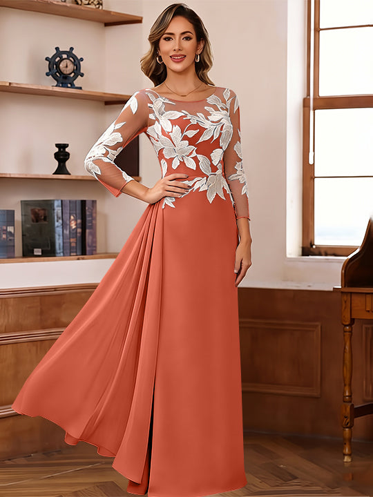 Sheath/Column Scoop Chiffon Mother of the Bride Dresses Ankle-Length 3/4 Sleeves Lace Flower with Overskirt