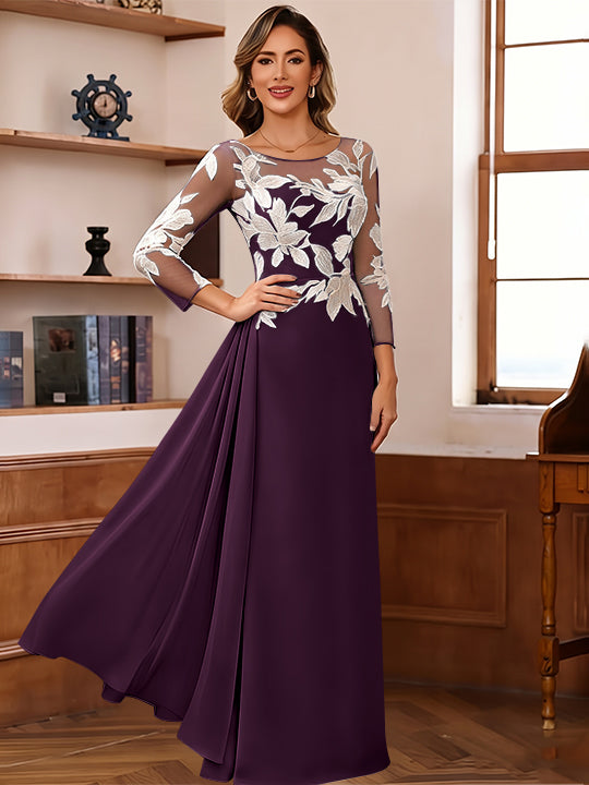 Sheath/Column Scoop Chiffon Mother of the Bride Dresses Ankle-Length 3/4 Sleeves Lace Flower with Overskirt