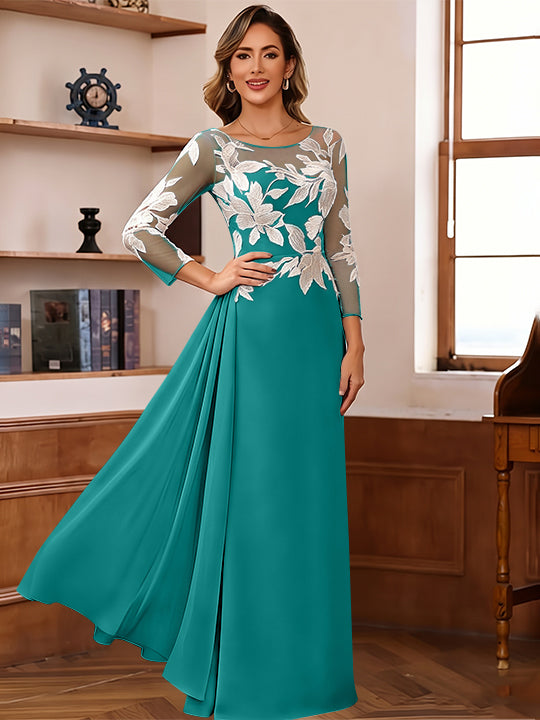 Sheath/Column Scoop Chiffon Mother of the Bride Dresses Ankle-Length 3/4 Sleeves Lace Flower with Overskirt
