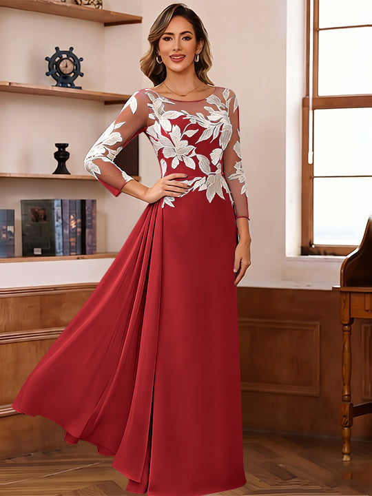 Sheath/Column Scoop Chiffon Mother of the Bride Dresses Ankle-Length 3/4 Sleeves Lace Flower with Overskirt