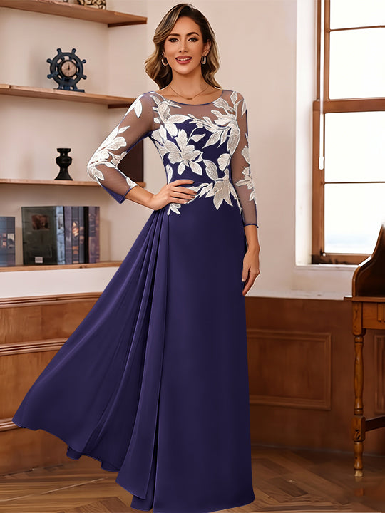 Sheath/Column Scoop Chiffon Mother of the Bride Dresses Ankle-Length 3/4 Sleeves Lace Flower with Overskirt
