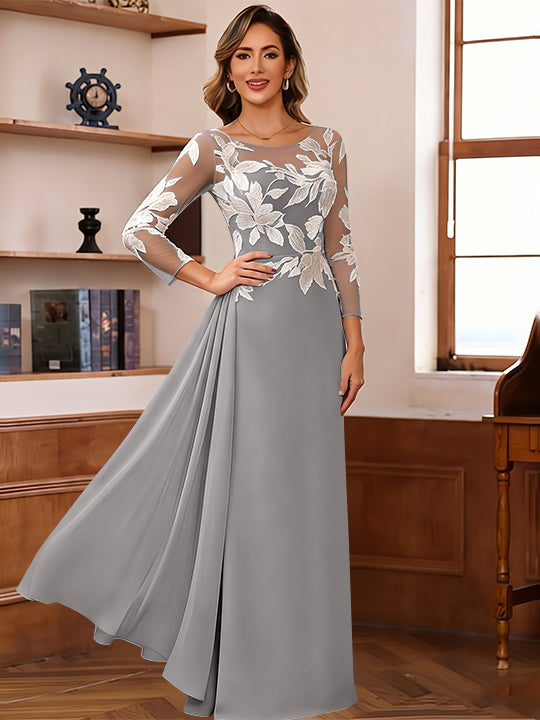Sheath/Column Scoop Chiffon Mother of the Bride Dresses Ankle-Length 3/4 Sleeves Lace Flower with Overskirt