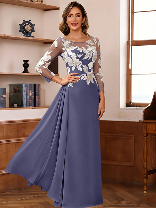 Sheath/Column Scoop Chiffon Mother of the Bride Dresses Ankle-Length 3/4 Sleeves Lace Flower with Overskirt