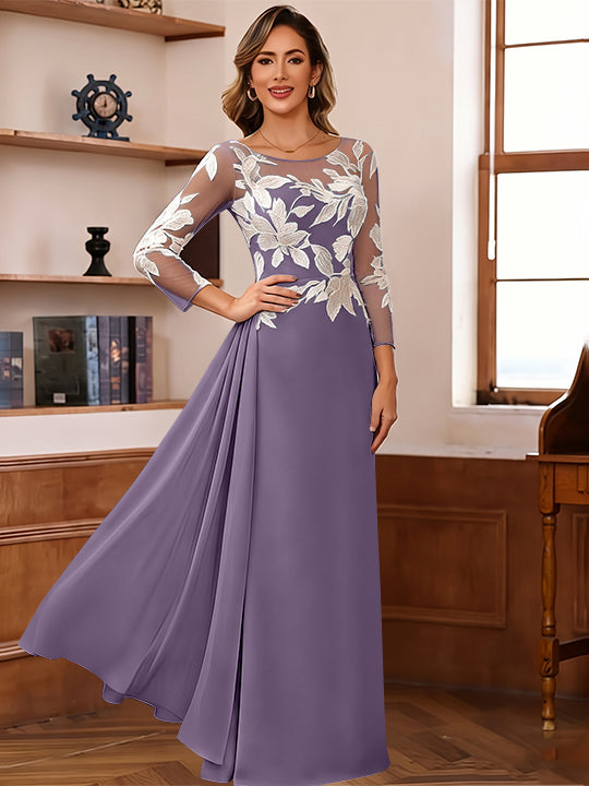 Sheath/Column Scoop Chiffon Mother of the Bride Dresses Ankle-Length 3/4 Sleeves Lace Flower with Overskirt