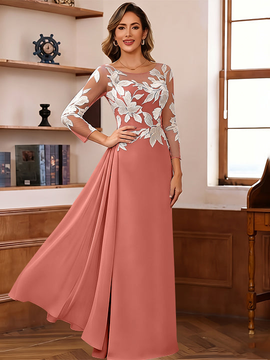 Sheath/Column Scoop Chiffon Mother of the Bride Dresses Ankle-Length 3/4 Sleeves Lace Flower with Overskirt
