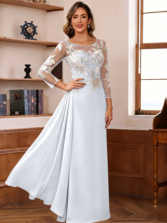 Sheath/Column Scoop Chiffon Mother of the Bride Dresses Ankle-Length 3/4 Sleeves Lace Flower with Overskirt