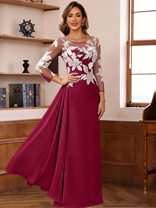 Sheath/Column Scoop Chiffon Mother of the Bride Dresses Ankle-Length 3/4 Sleeves Lace Flower with Overskirt