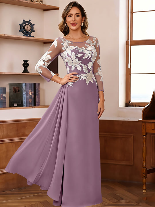 Sheath/Column Scoop Chiffon Mother of the Bride Dresses Ankle-Length 3/4 Sleeves Lace Flower with Overskirt