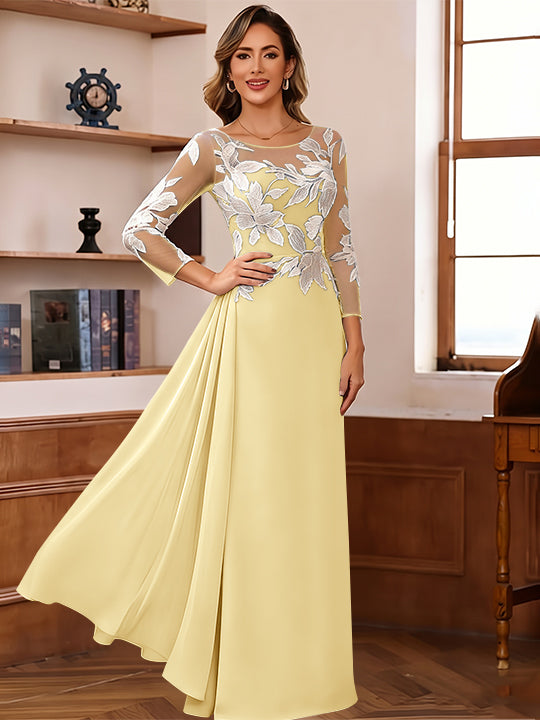Sheath/Column Scoop Chiffon Mother of the Bride Dresses Ankle-Length 3/4 Sleeves Lace Flower with Overskirt