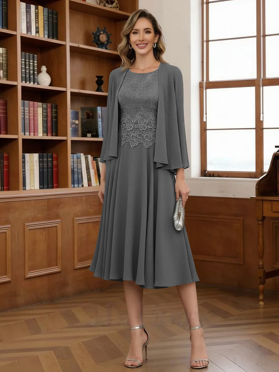 A-Line/Princess Scoop Chiffon Mother of the Bride Dresses with Jacket Tea-Length Long Sleeves Lace