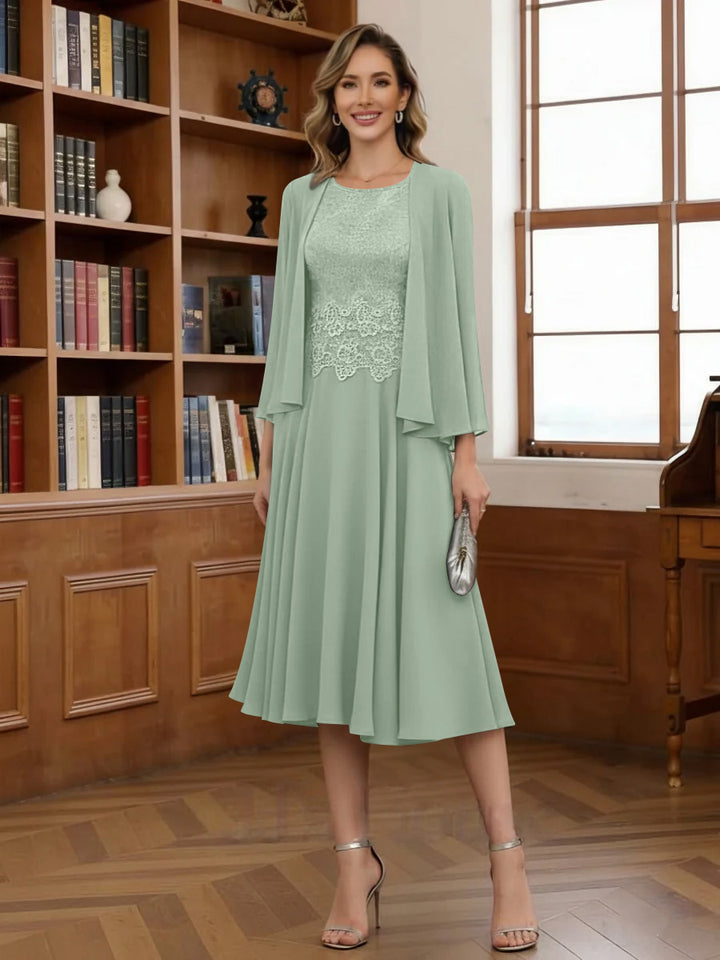 A-Line/Princess Scoop Chiffon Mother of the Bride Dresses with Jacket Tea-Length Long Sleeves Lace