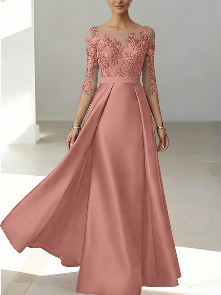 A-Line/Princess Scoop Satin Mother of the Bride Dresses 3/4 Sleeves Lace Floor-Length Floral