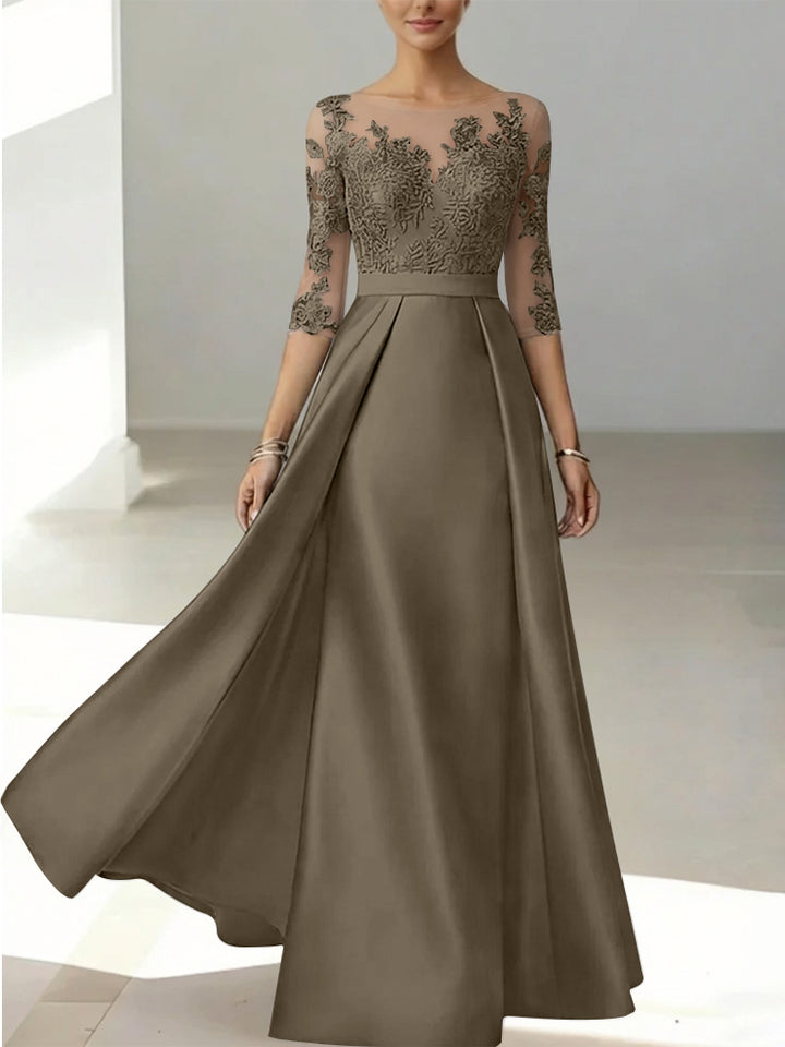 A-Line/Princess Scoop Satin Mother of the Bride Dresses 3/4 Sleeves Lace Floor-Length Floral