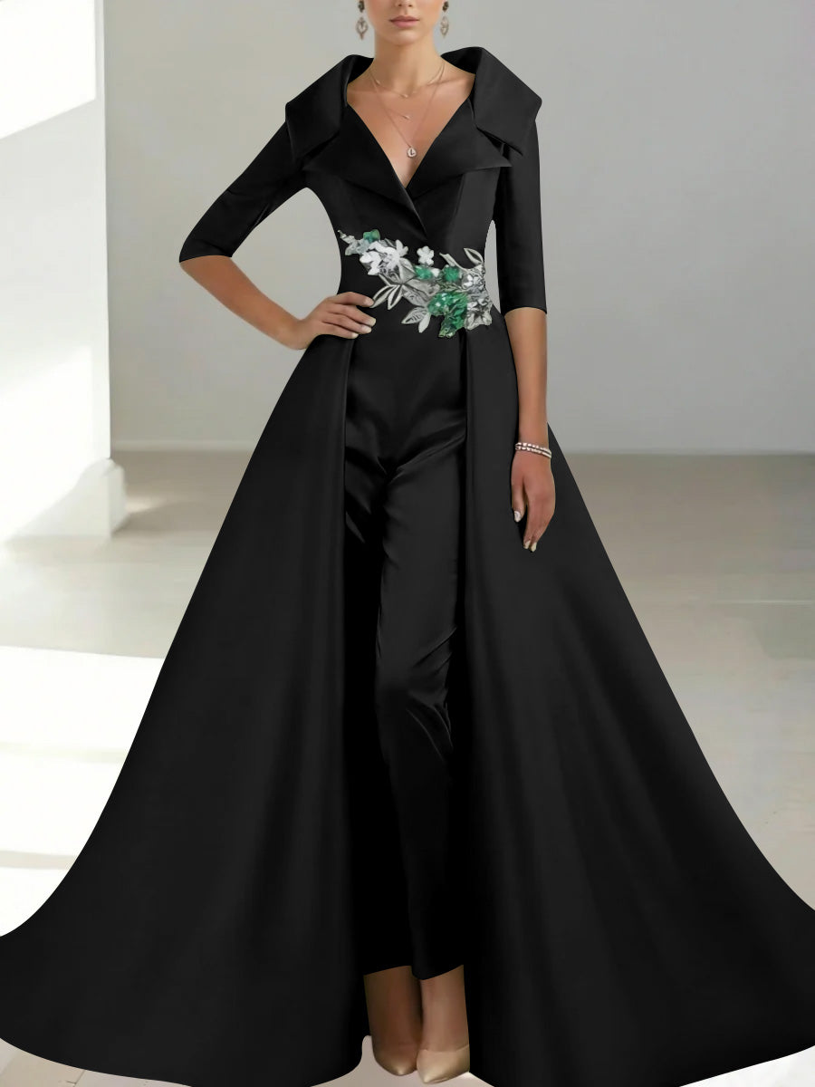A-Line/Princess Shirt Collar Satin Mother of the Bride Jumpsuit Overskirt Sequins Pocket Half Sleeves Floor-Length